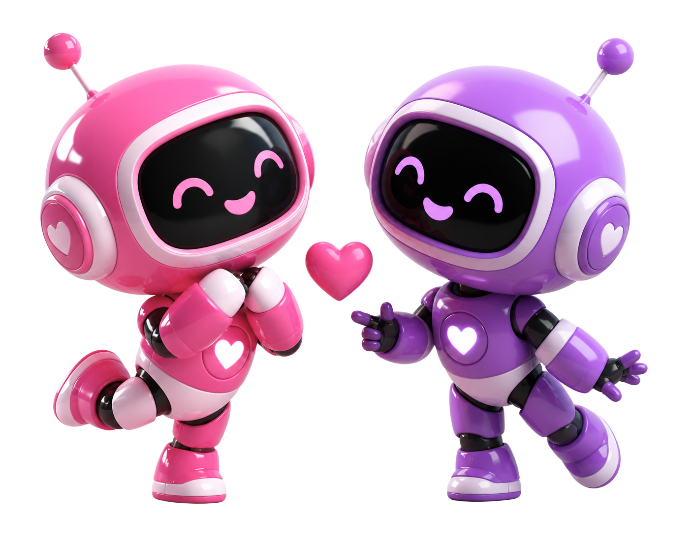 Mia, the pink Matchi robot, and Zac, the purple Matchi robot, greeting each other with a floating heart between them