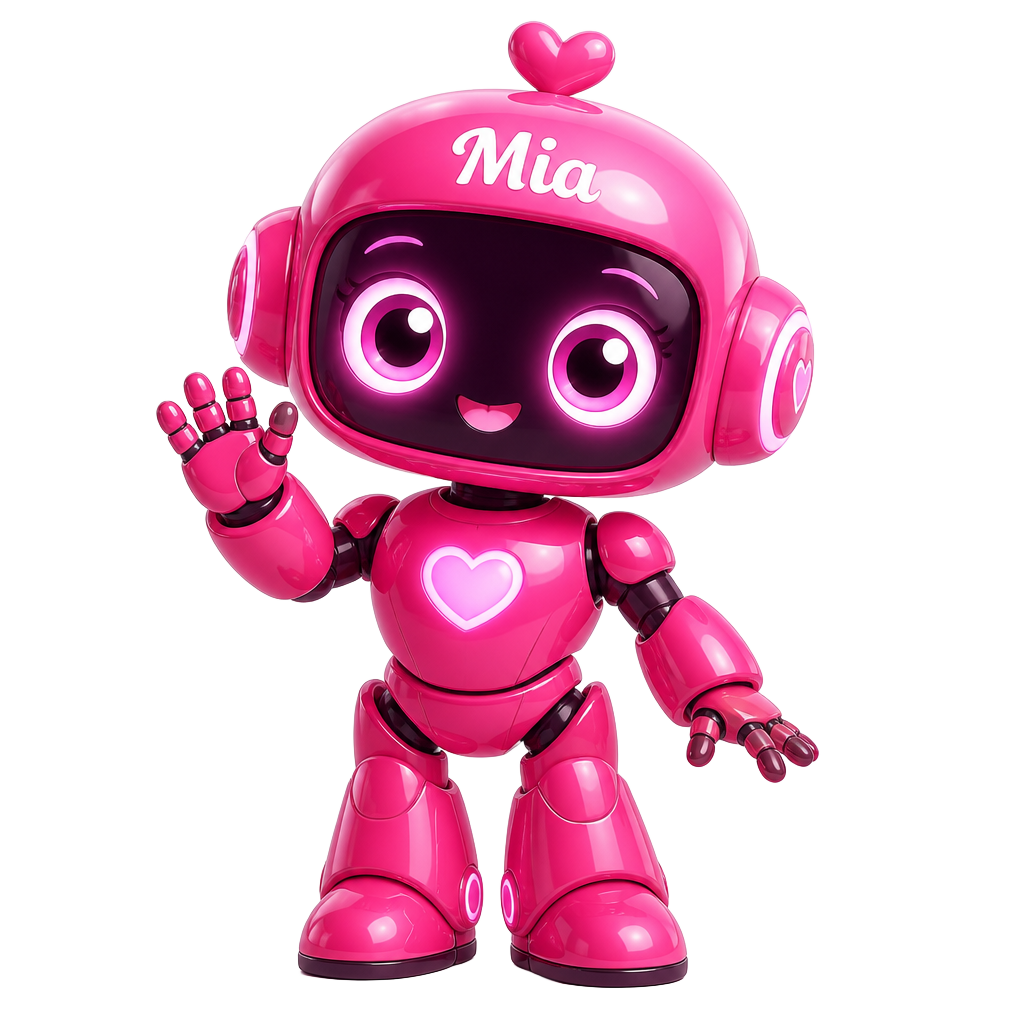 Mia, the pink Matchi companion, waving